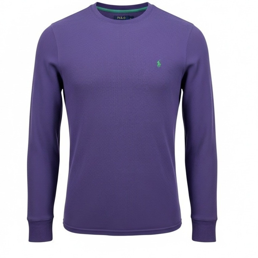 Polo Ralph Lauren Waffle Knit Shirt Size L Purple Thermal Long Sleeve Green Pony